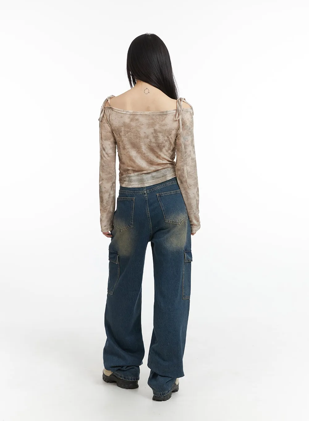 IJ411 High Waist Wide Leg Pocket Cargo Denim Jeans