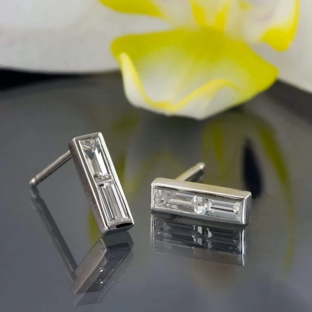 Double Baguette Diamond Bezel Set Bar Stud Earrings