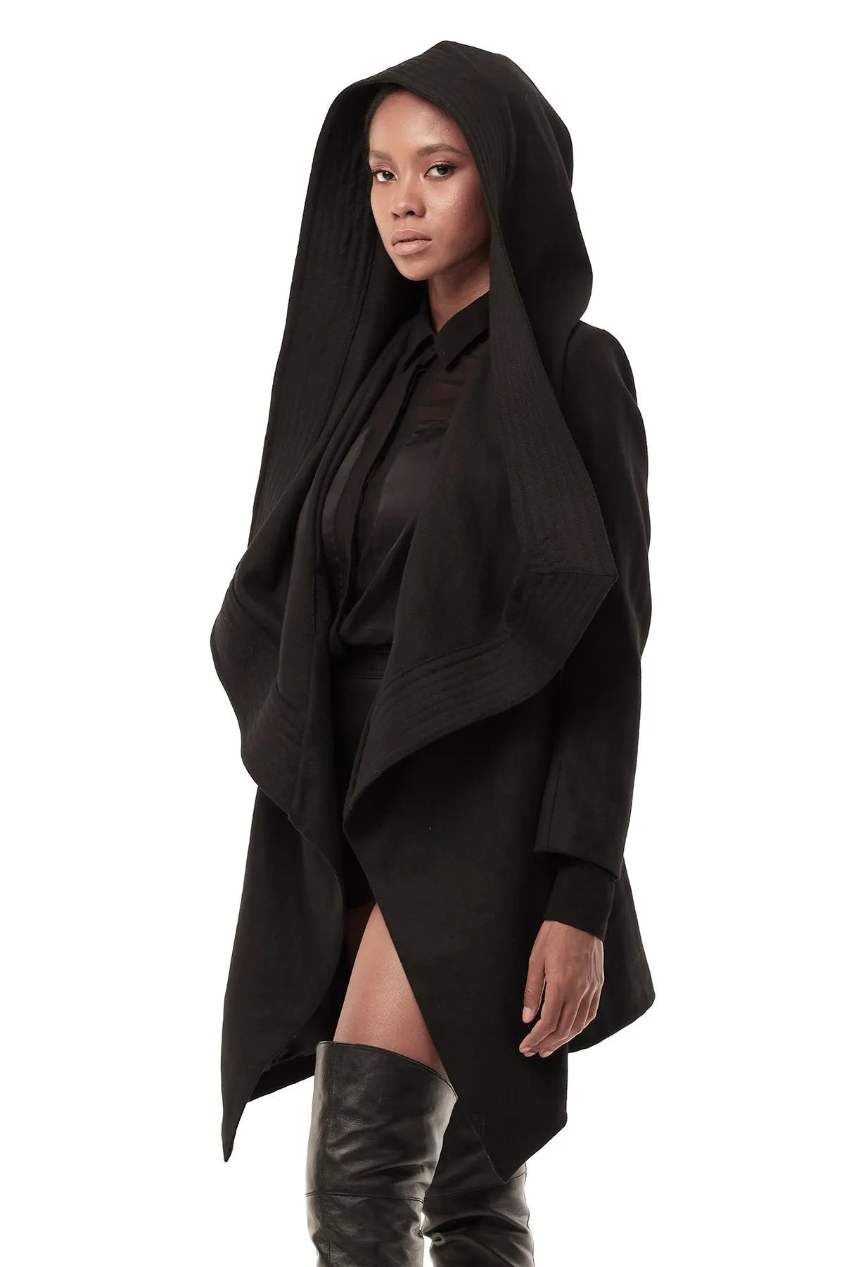 DRAPED HOOD COAT IN BLACK