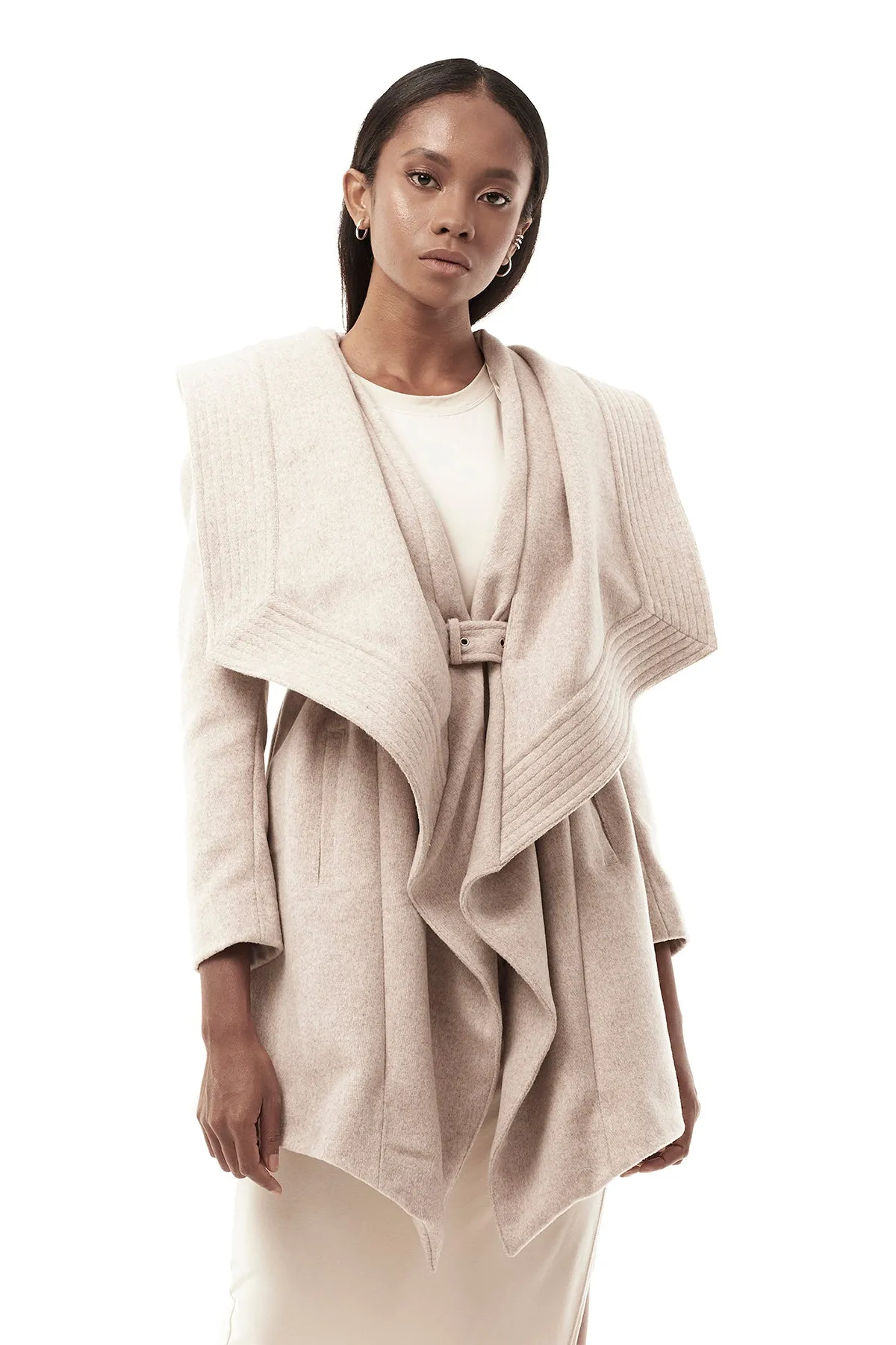 DRAPED HOOD COAT IN BONE