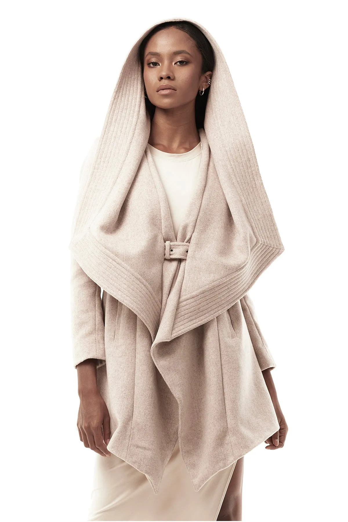 DRAPED HOOD COAT IN BONE