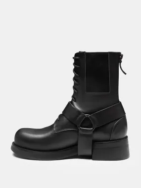 Durable Genuine Leather Black Biker Boots with Buckle Detail