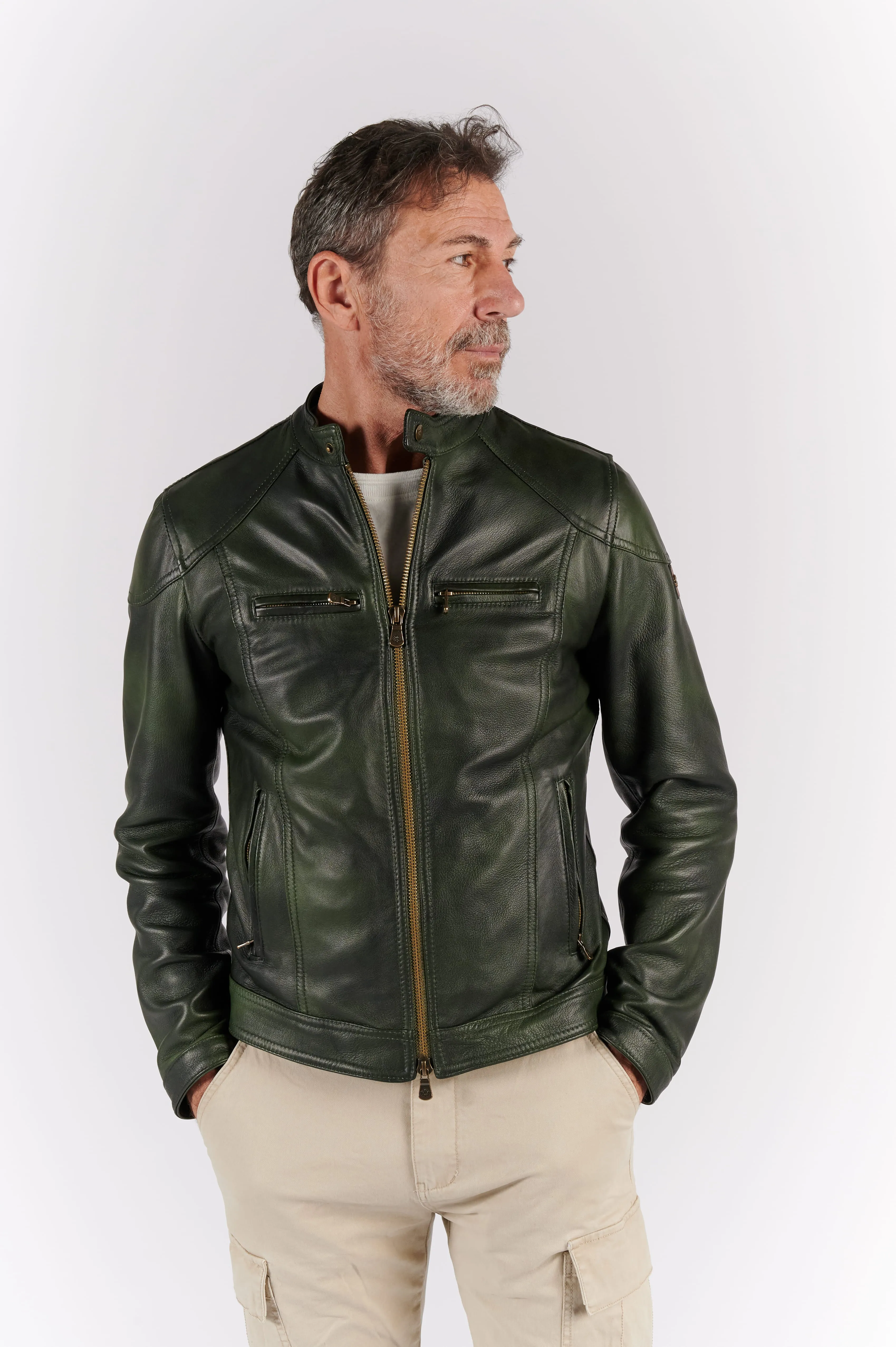 Green leather jacket by Elton.