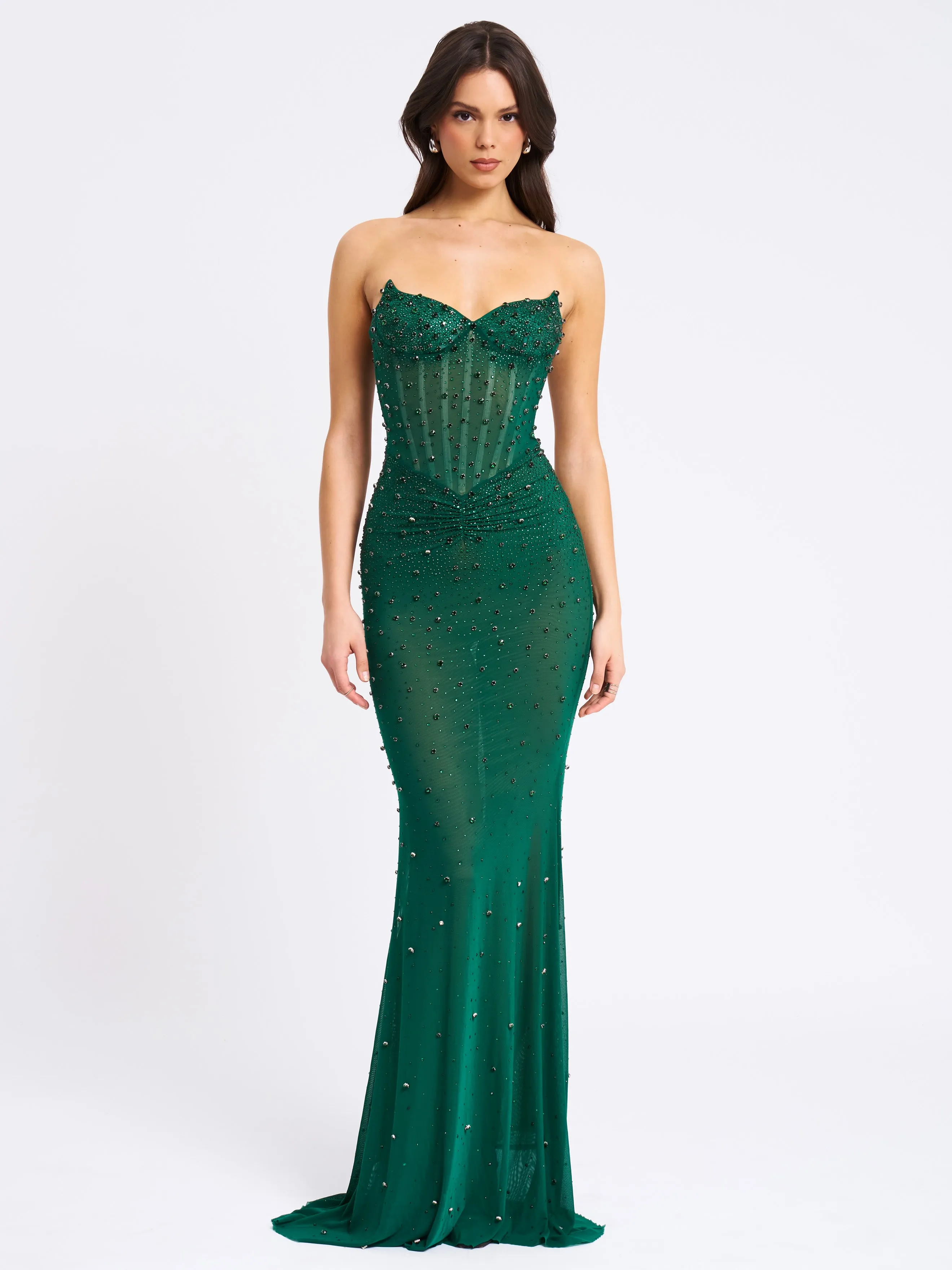 Fatima Green Crystal Sleeveless Corset Mermaid Maxi Dress