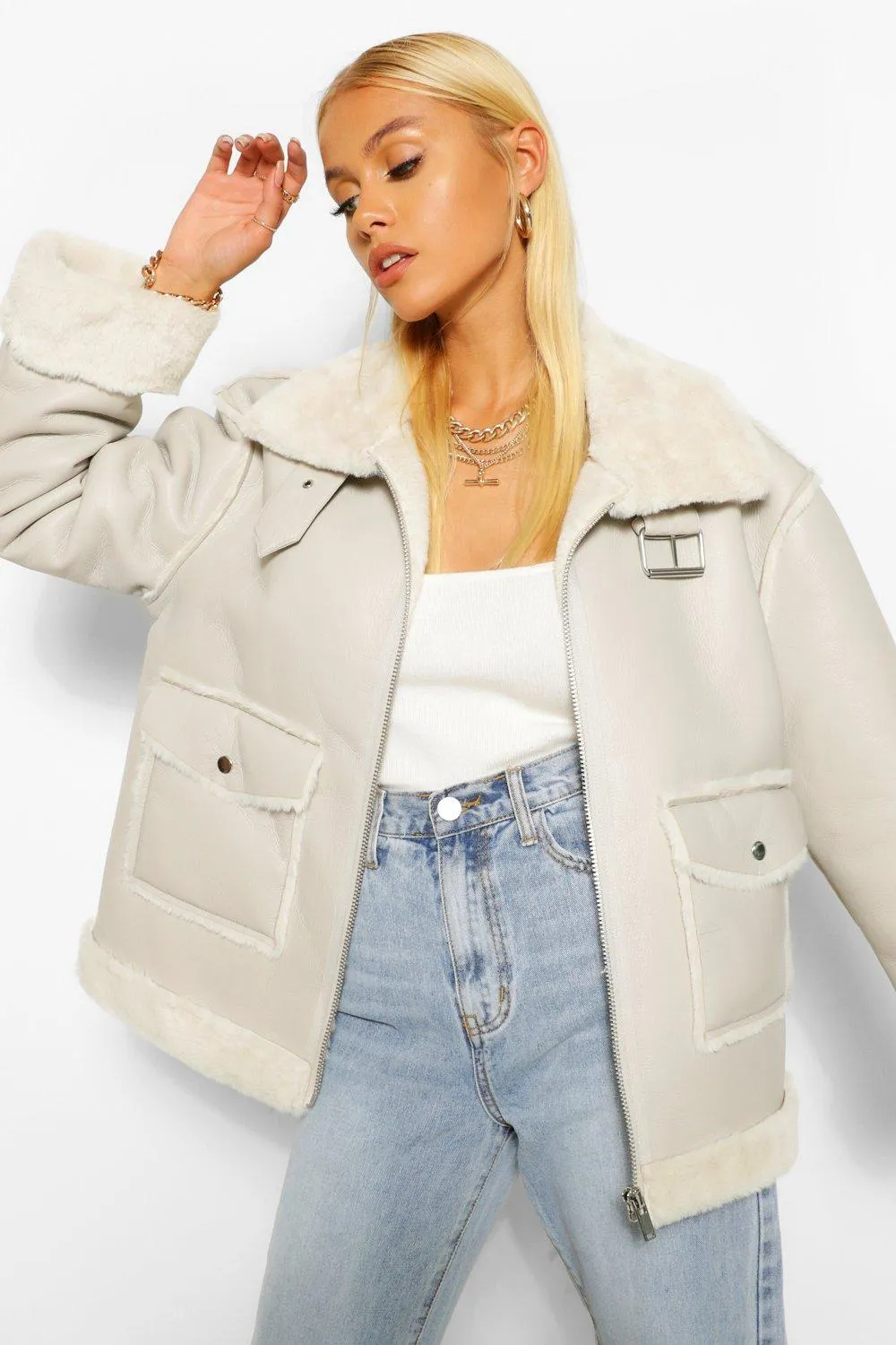 Faux Fur Lined Faux Leather Aviator Jacket