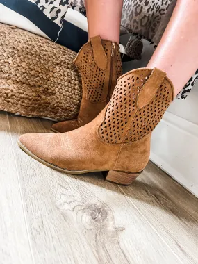 Laser Cut Faux Suede Western Ankle Boots