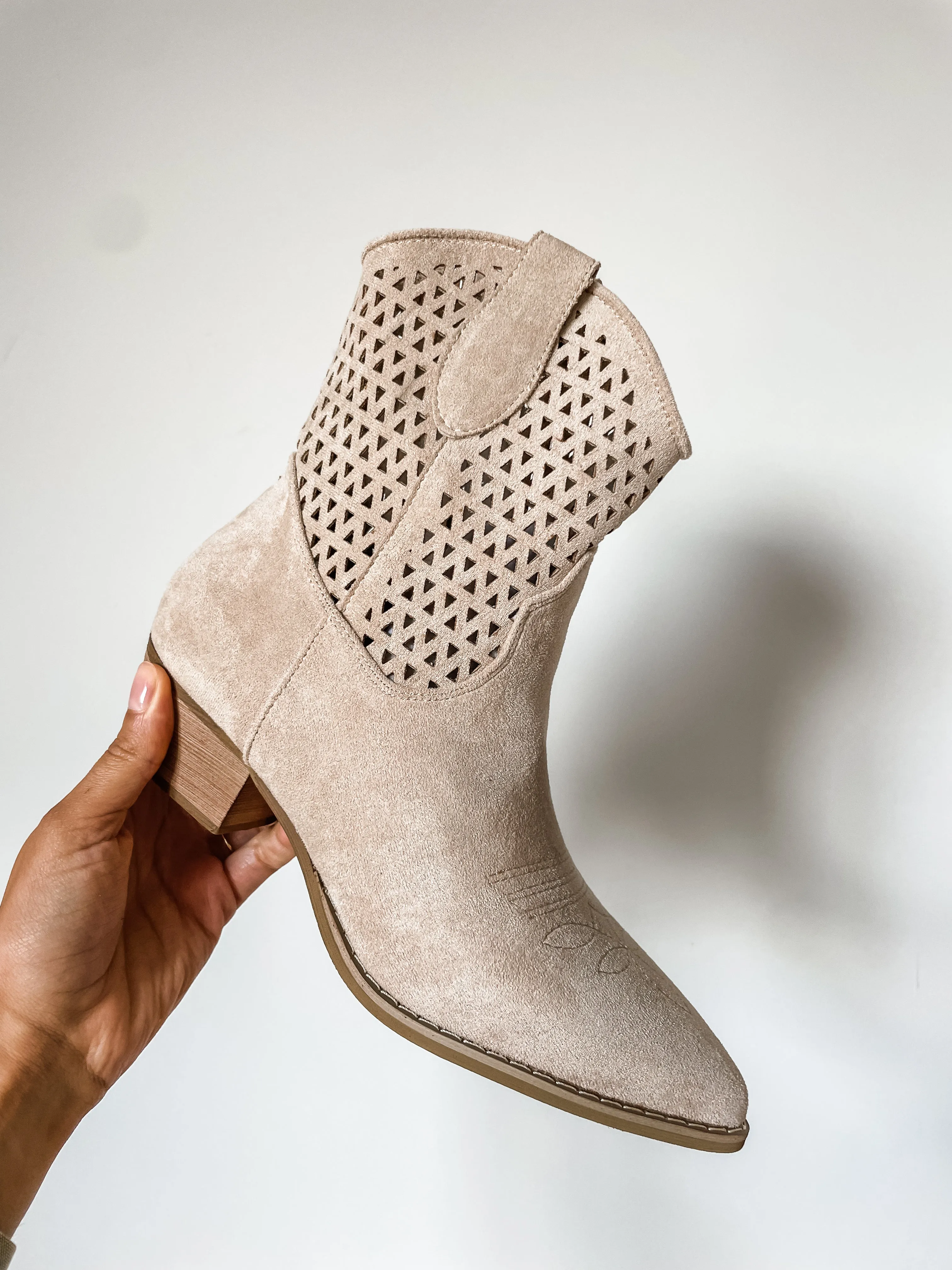 Laser Cut Faux Suede Western Ankle Boots