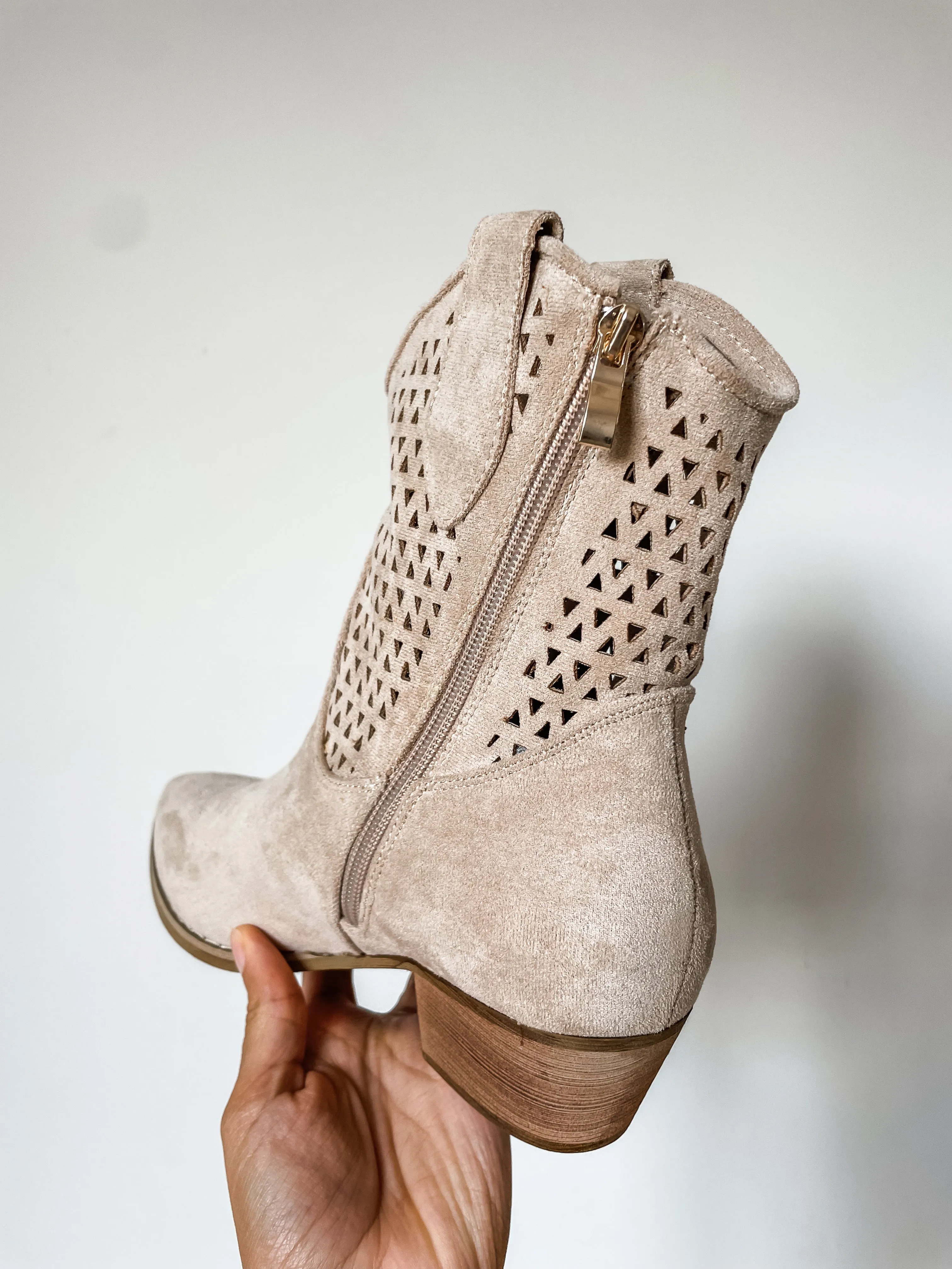 Laser Cut Faux Suede Western Ankle Boots