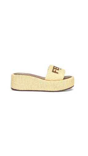 Fendi Sunshine Raffia Flatform Slides - Beige