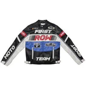 First Row Contrast Motor Racing Leather Black Jacket 