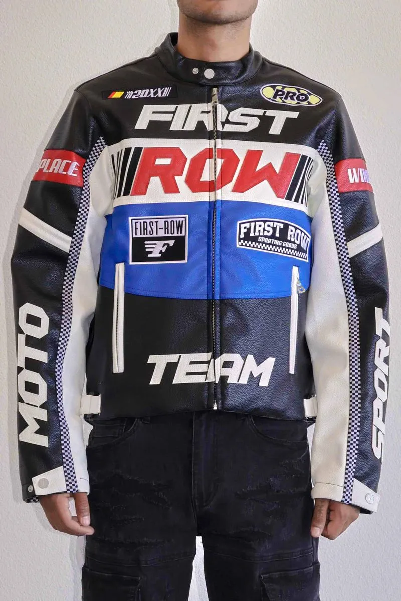 First Row Contrast Motor Racing Leather Black Jacket 