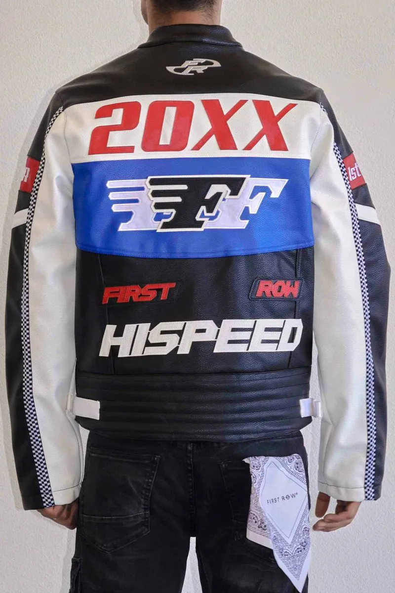 First Row Contrast Motor Racing Leather Black Jacket 