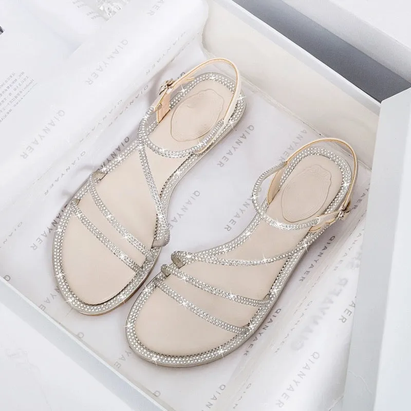 Flat rhinestone sandals, feminine open toe summer flat heel, fairy style Roman buckle, large size women's shoes 41-43