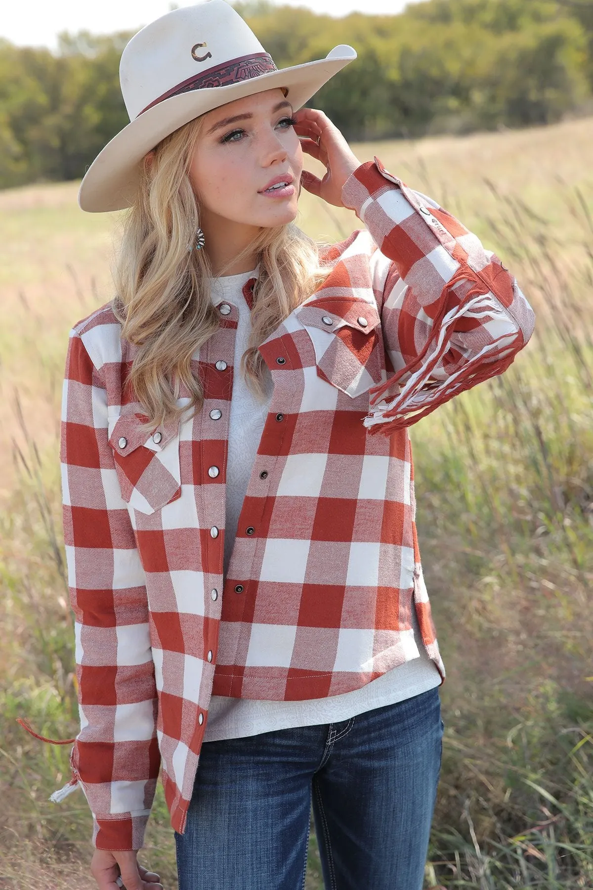 Women's Plaid Shirt Jacket with Fringe - Freya Collection