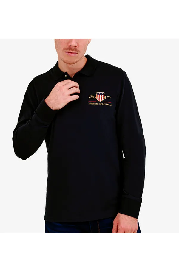 GANT Men's Long Sleeve Gold Shield Piqué Polo Regular Fit - Black