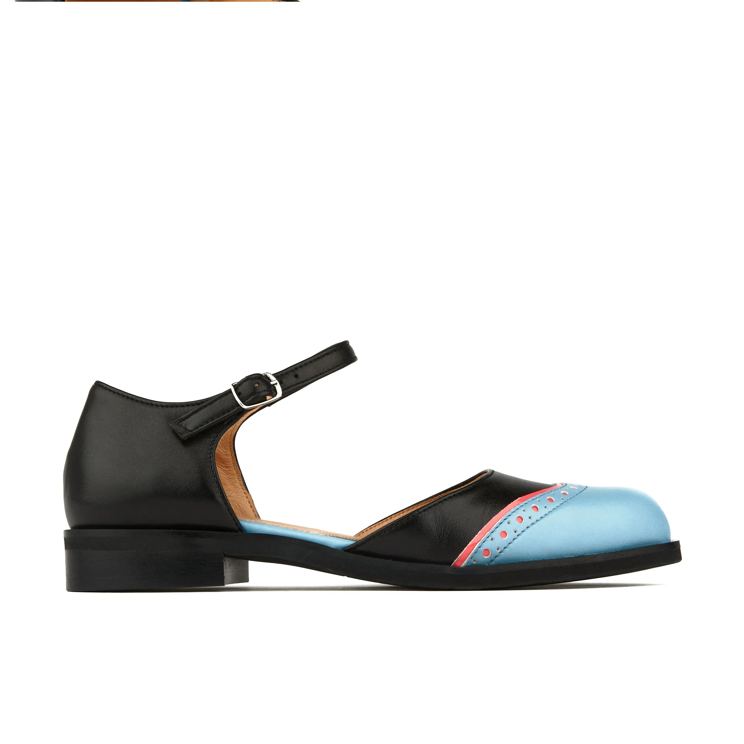 GIGOT BLACK & AQUA - Women's closed heel and round toe leather flat sandal