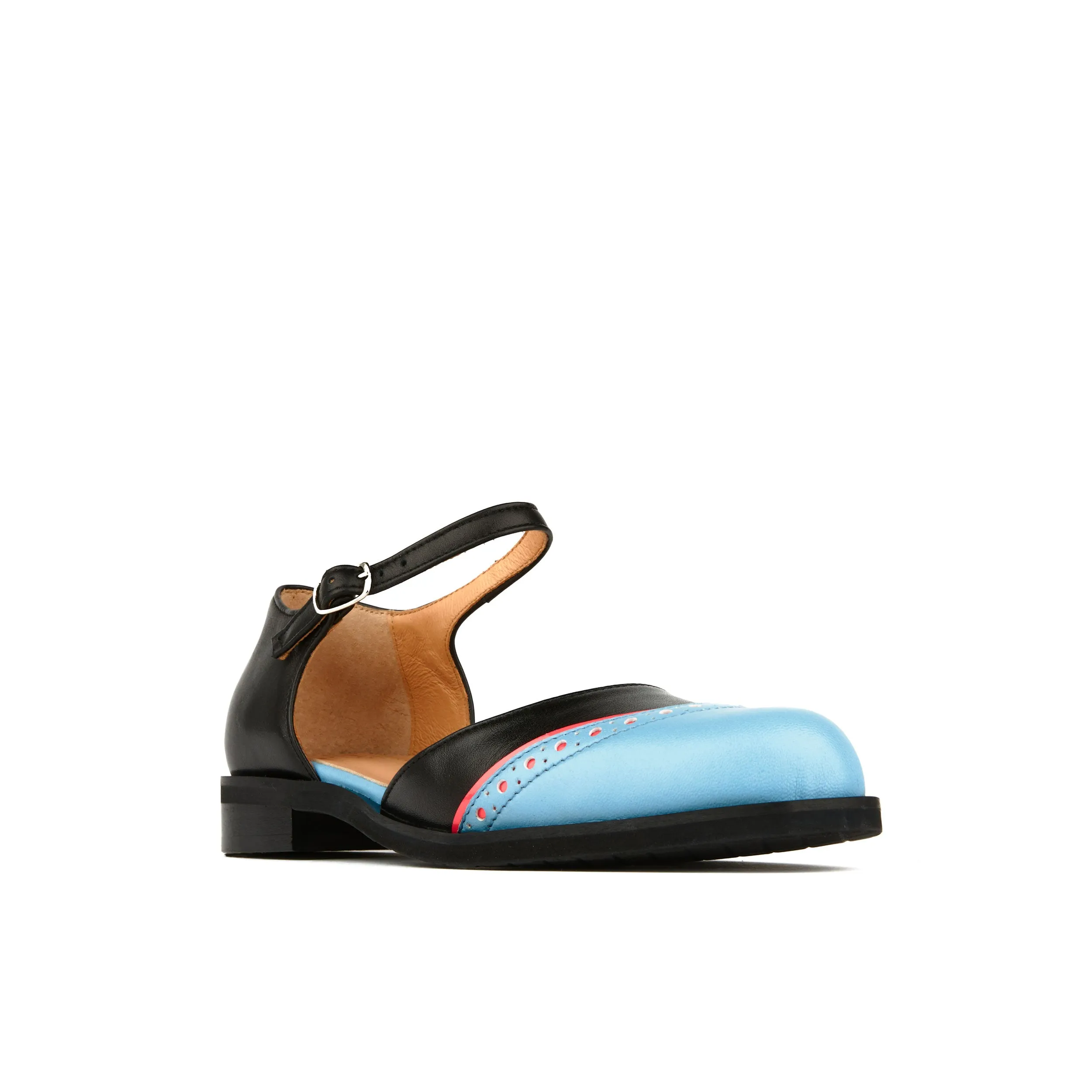 GIGOT BLACK & AQUA - Women's closed heel and round toe leather flat sandal