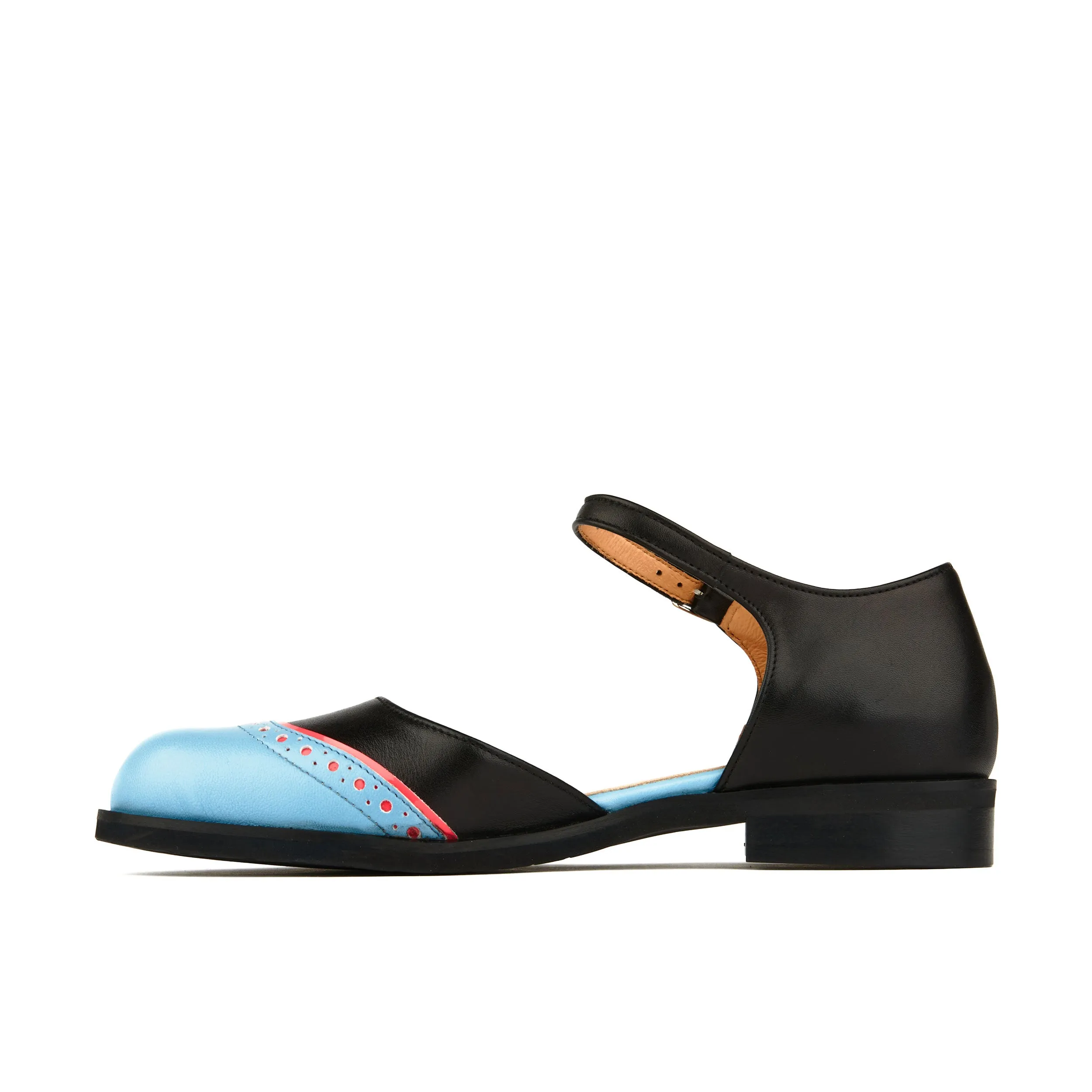 GIGOT BLACK & AQUA - Women's closed heel and round toe leather flat sandal