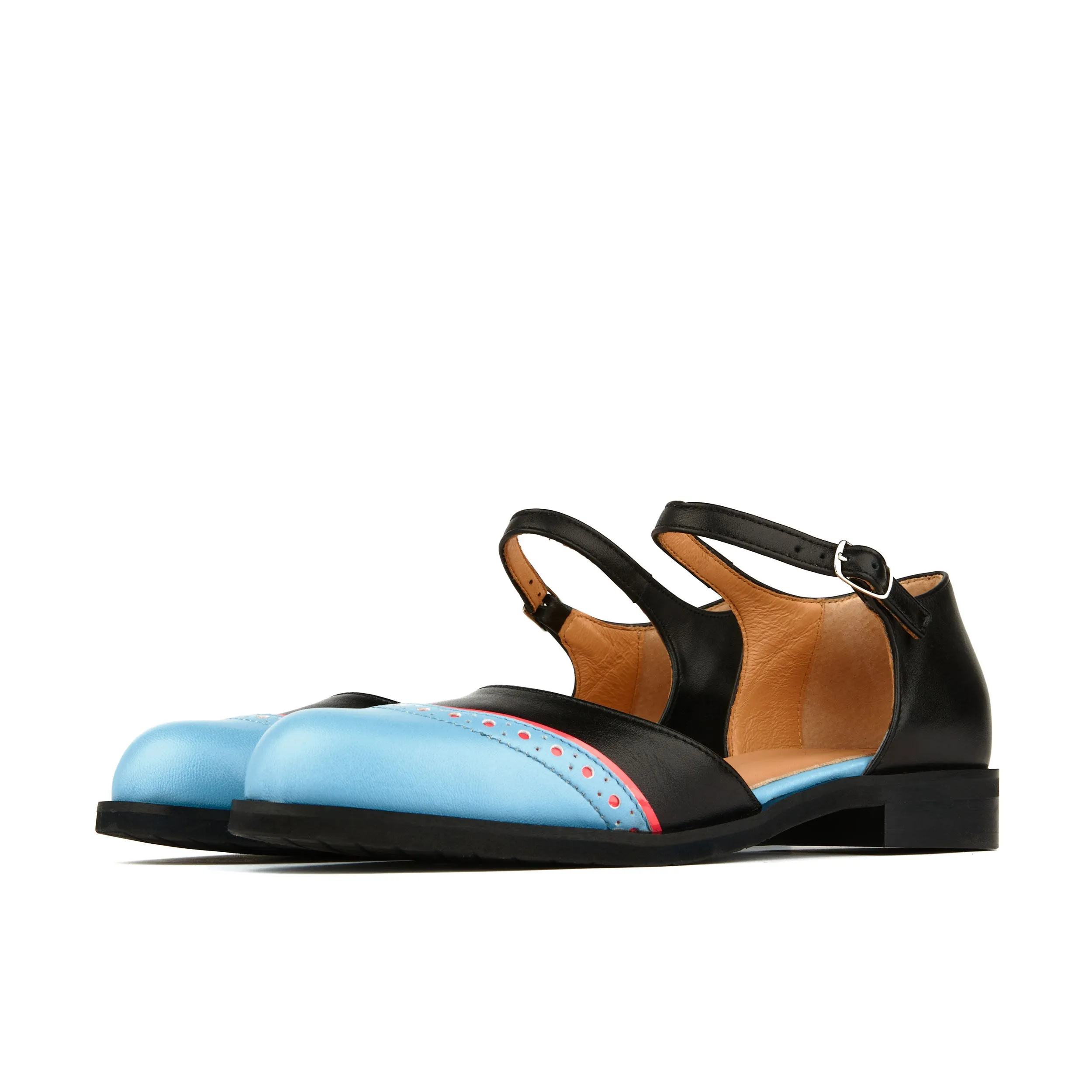 GIGOT BLACK & AQUA - Women's closed heel and round toe leather flat sandal