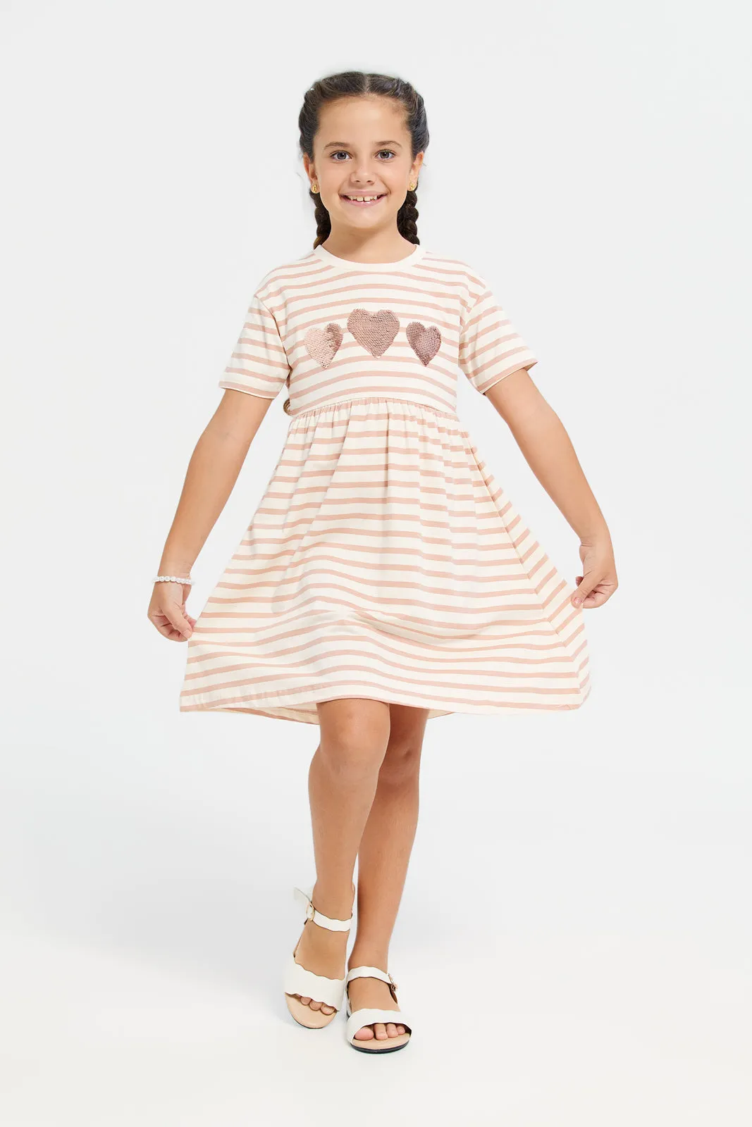 Girls Beige And White Striped Dress