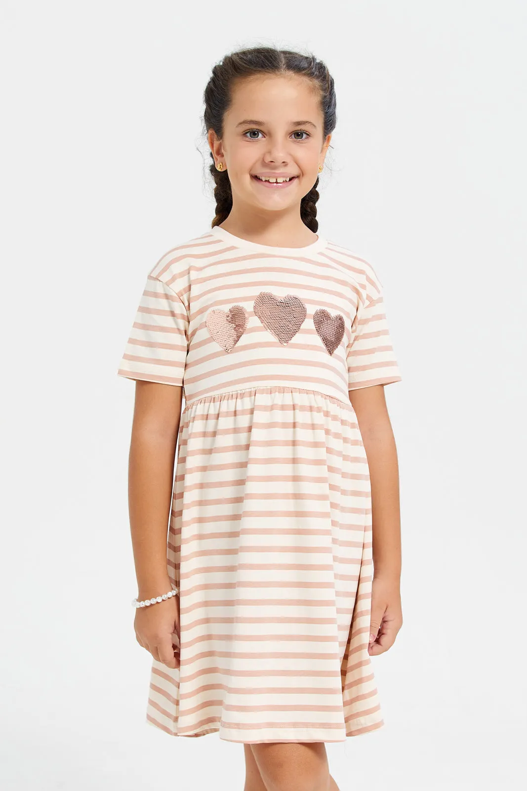 Girls Beige And White Striped Dress