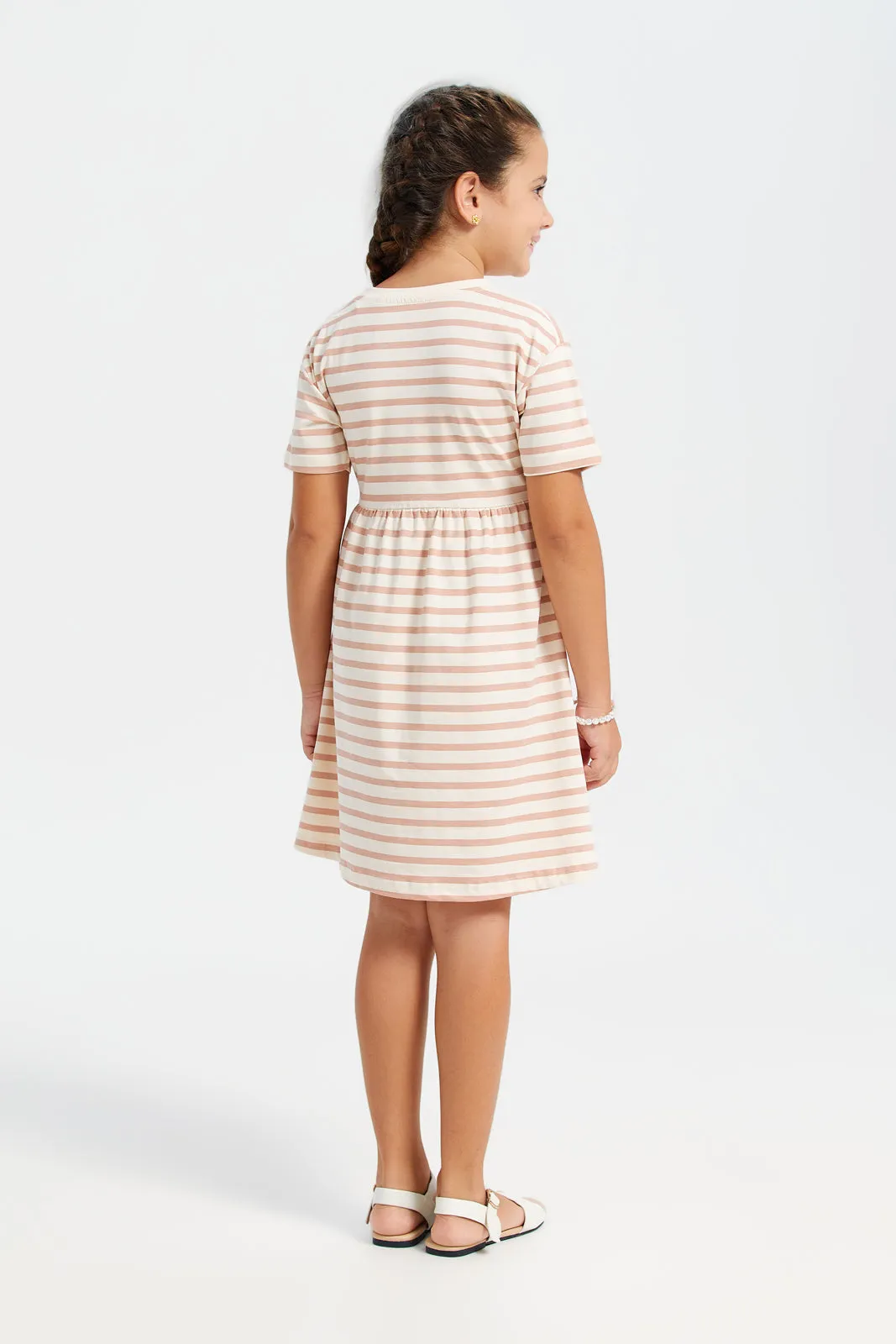 Girls Beige And White Striped Dress