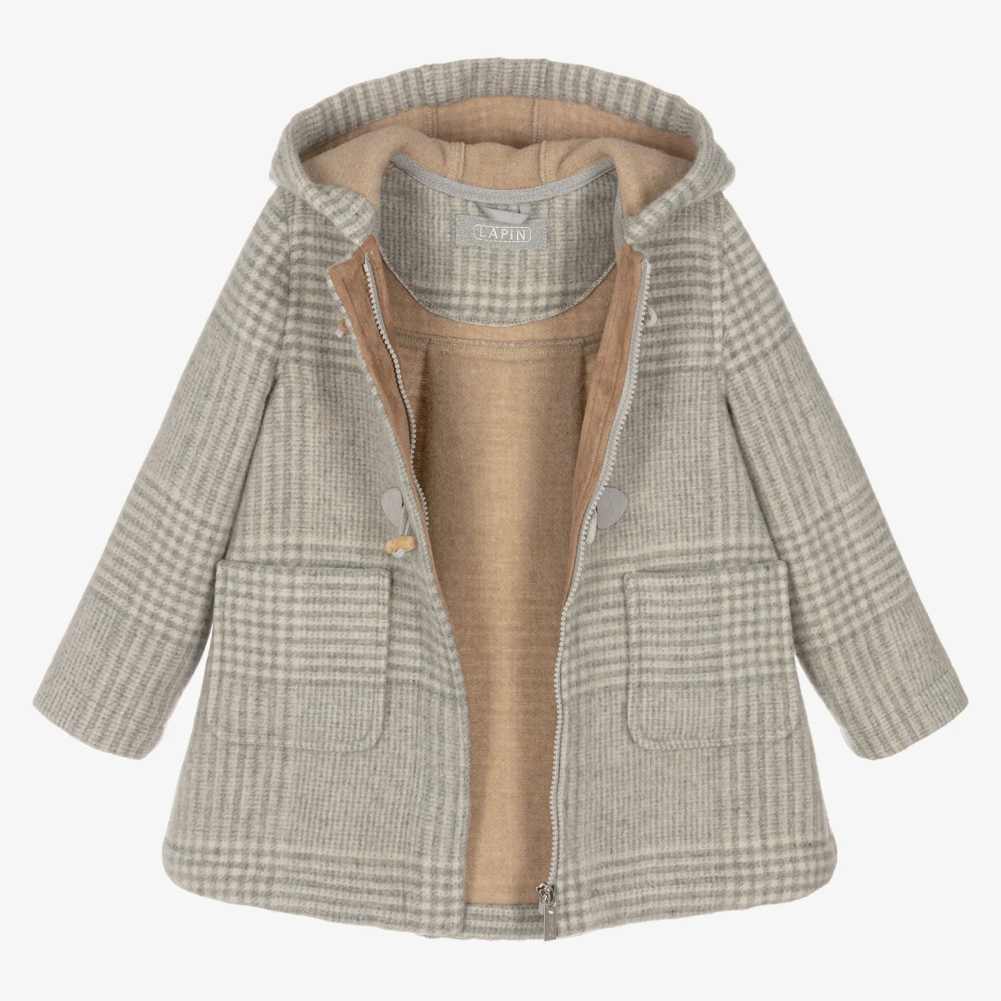 Check Wool Coat in Grey & Ivory for Girls