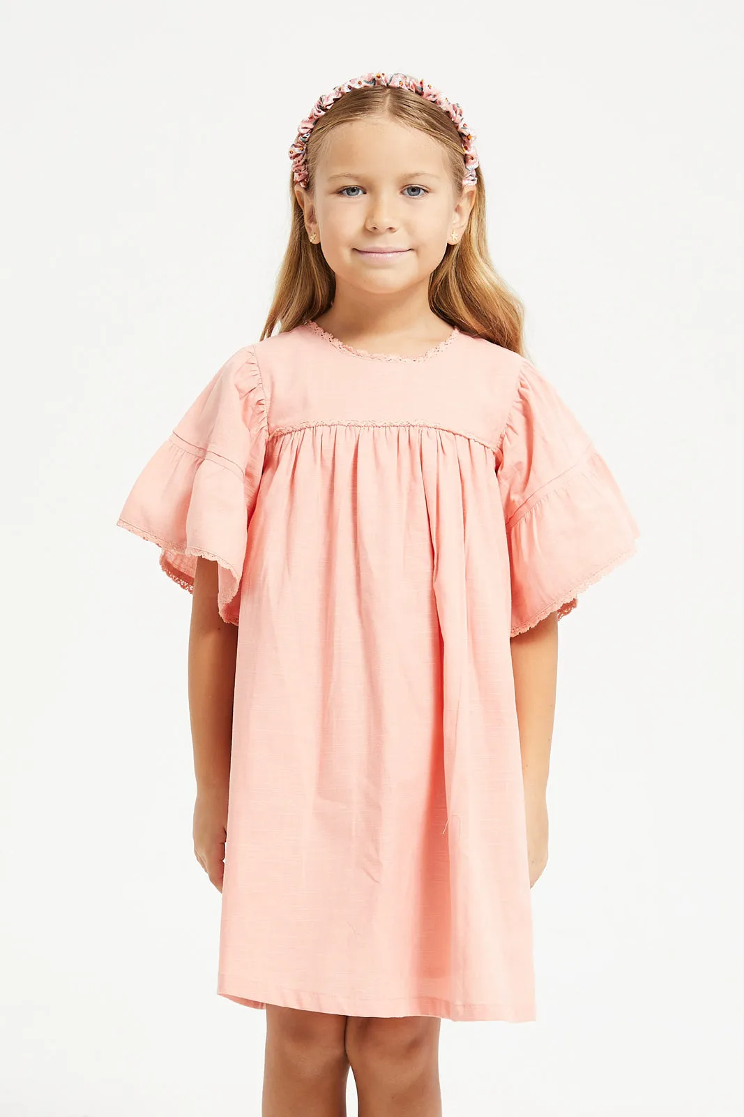 Girls Pink Plain Flutter Sleeve Dress