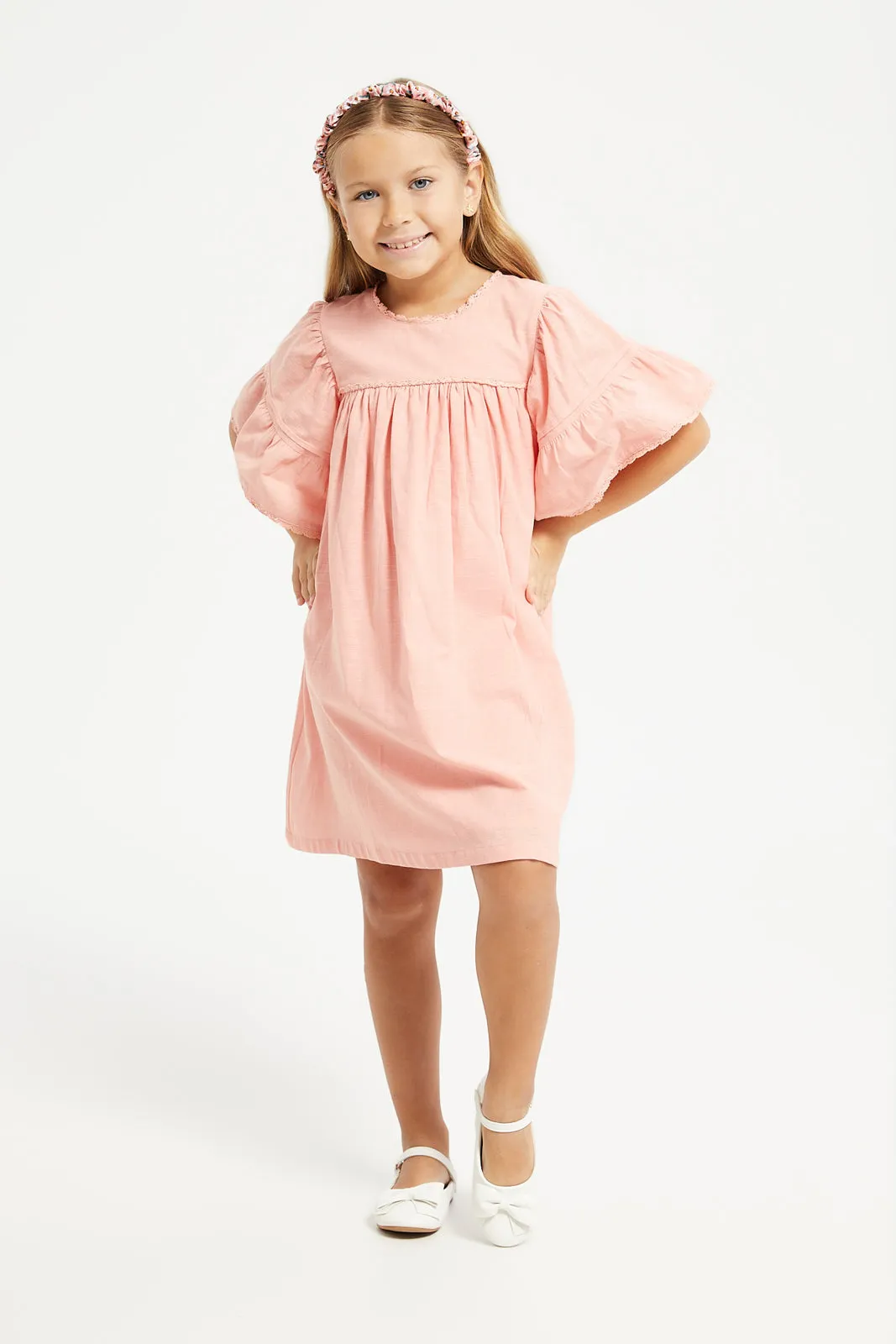 Girls Pink Plain Flutter Sleeve Dress