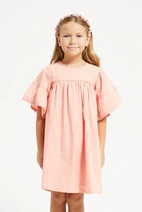 Girls Pink Plain Flutter Sleeve Dress