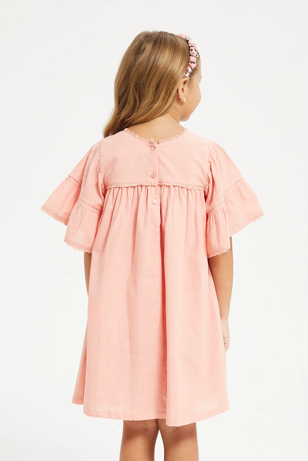 Girls Pink Plain Flutter Sleeve Dress