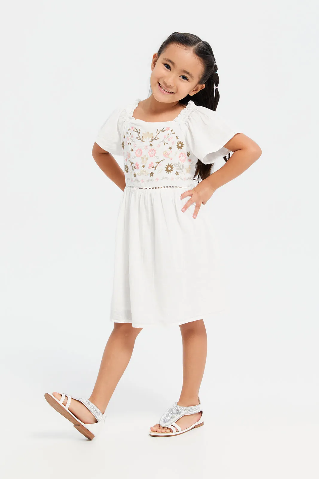 Girls White Embroidered Dress