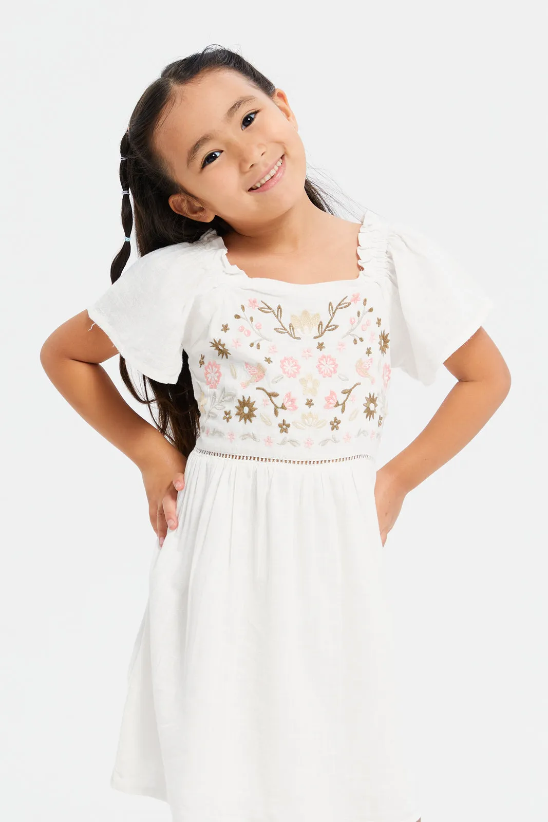 Girls White Embroidered Dress