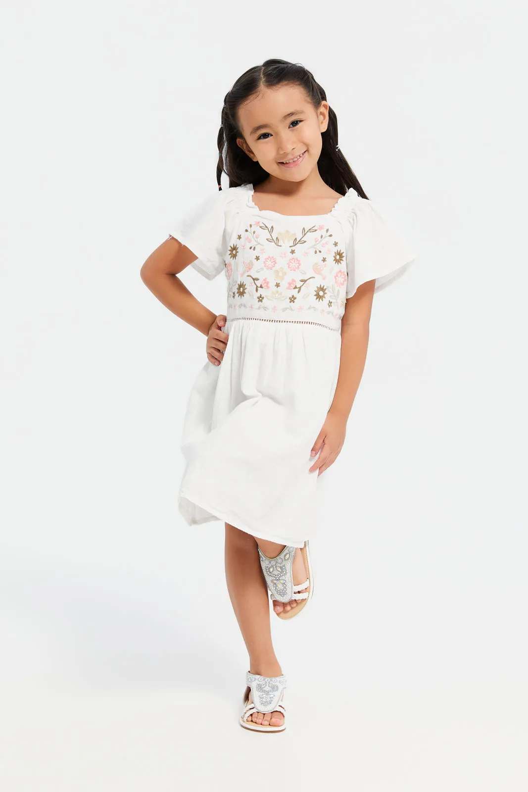 Girls White Embroidered Dress