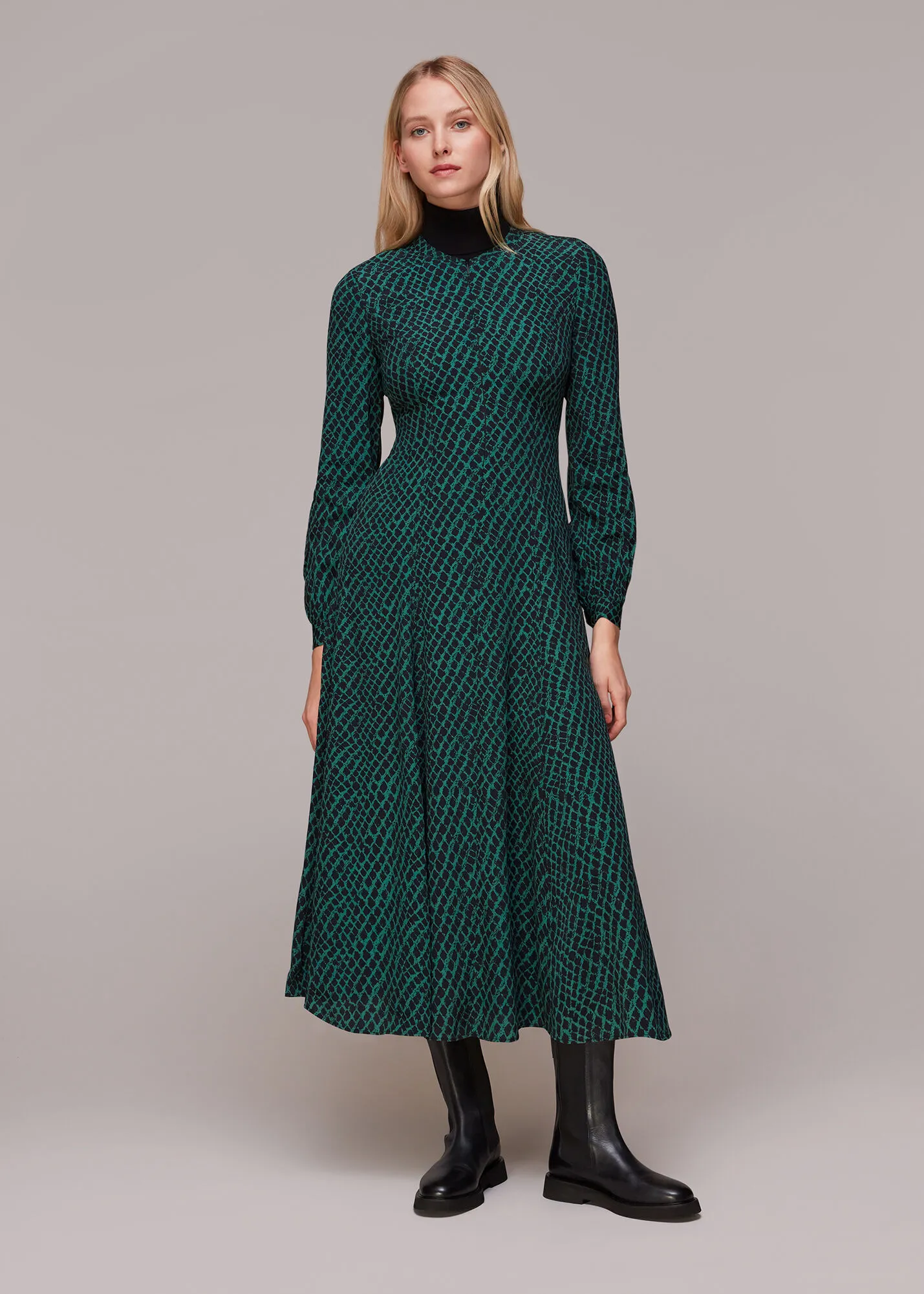 Green Brushed Geo Print Midi Dress