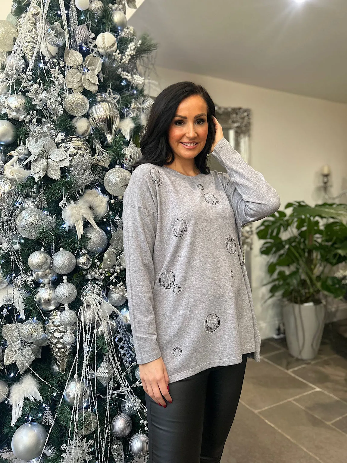 Gray Rhinestone Bubble Knit Pattern Sweater Rosie