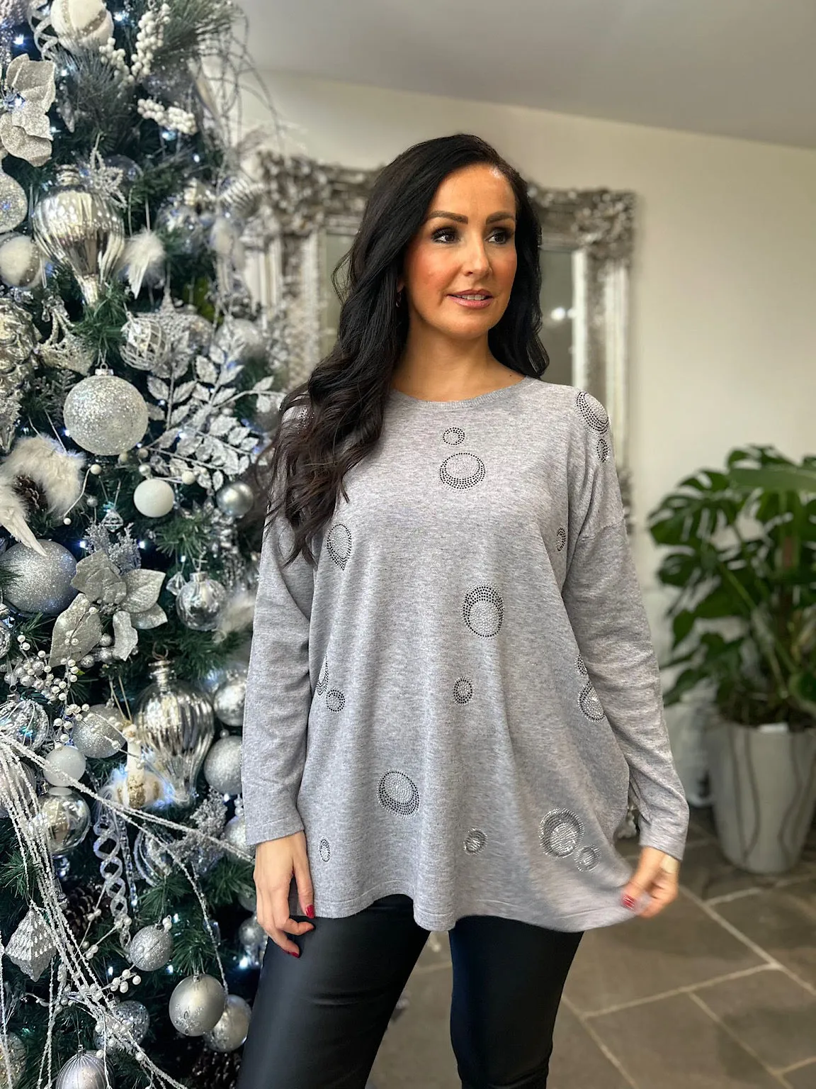 Gray Rhinestone Bubble Knit Pattern Sweater Rosie