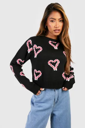 Heart Candy Cane Crop Christmas Jumper - Boohoo