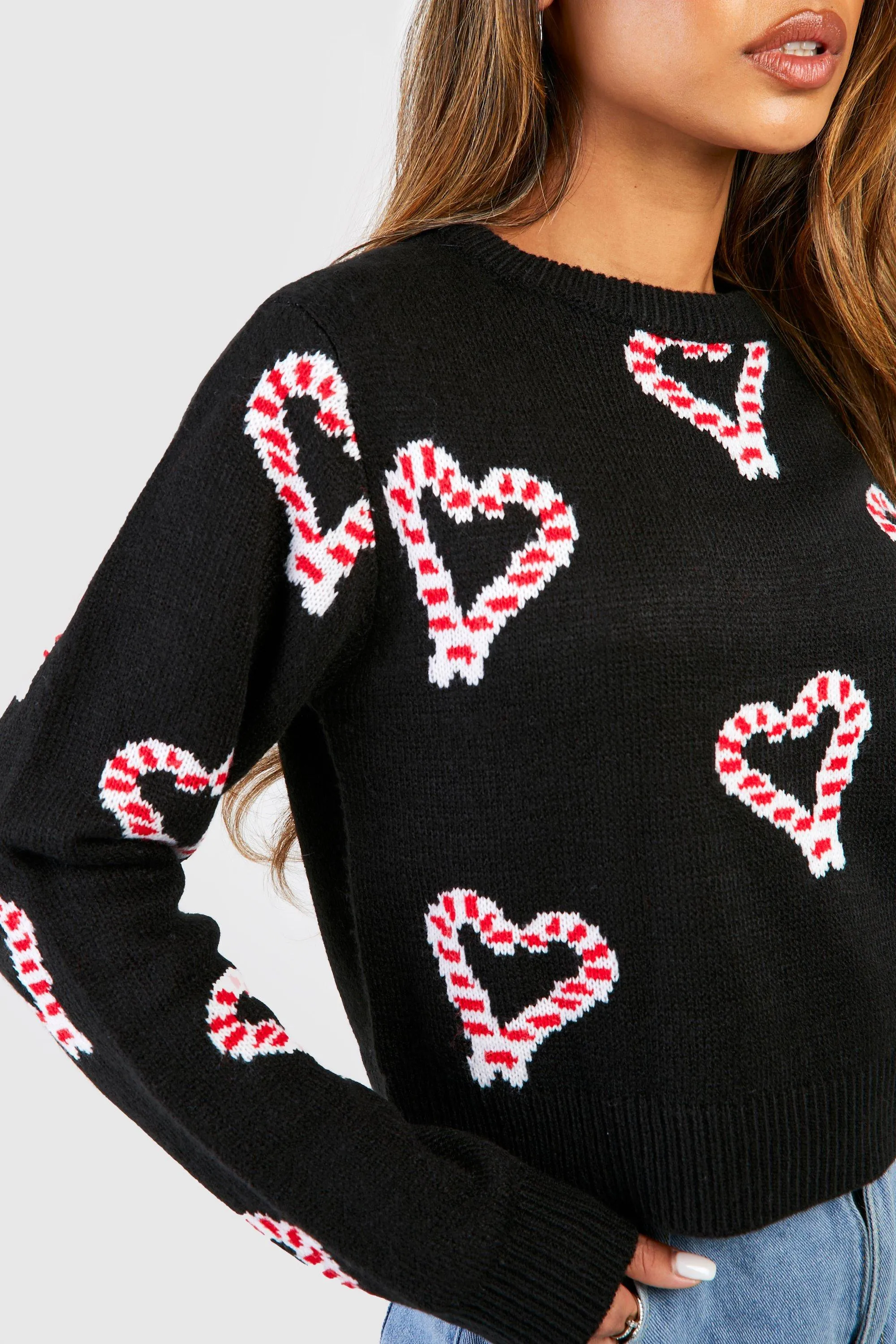 Heart Candy Cane Crop Christmas Jumper - Boohoo