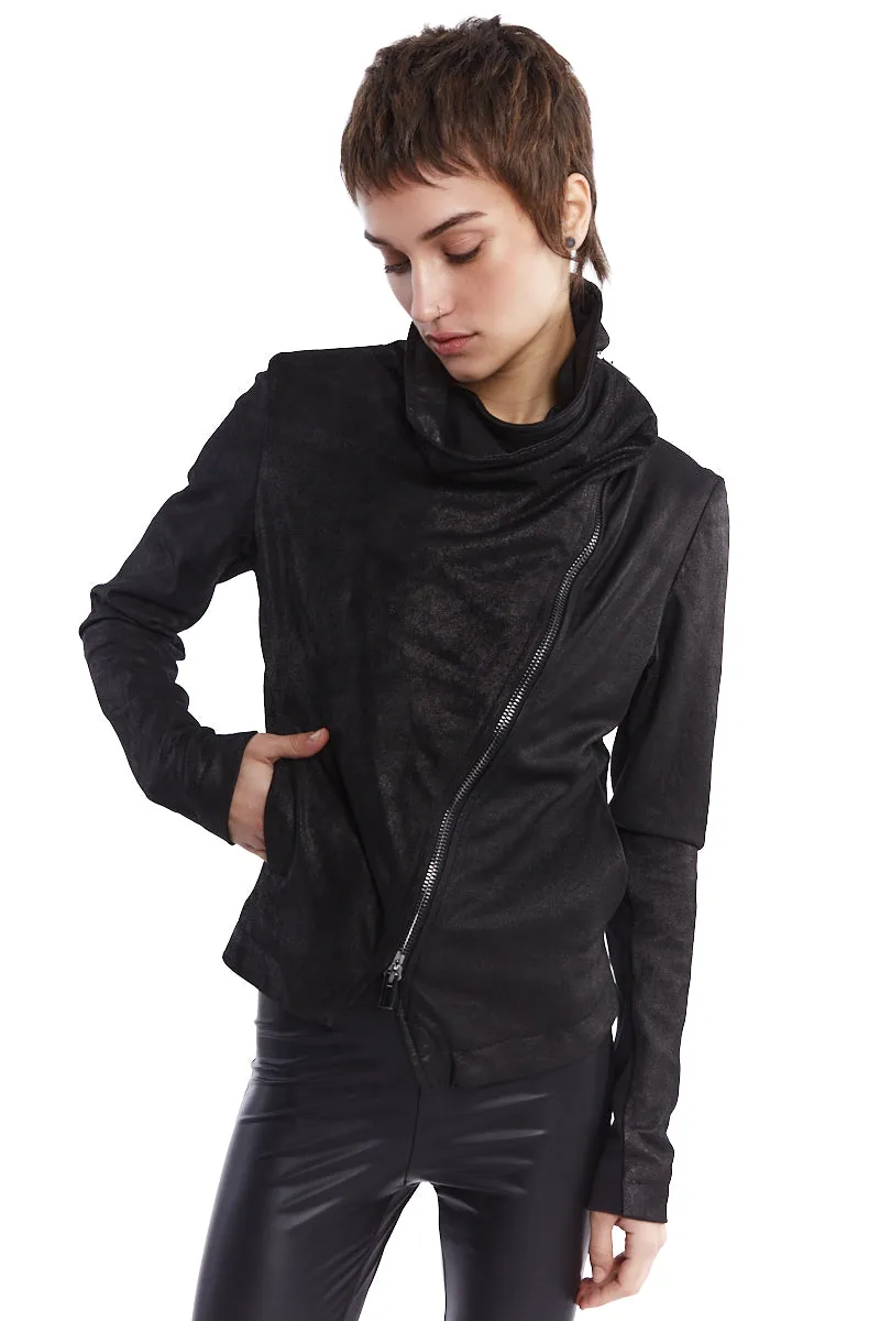 HIGH NECK CRACKED LEATHER JACKET