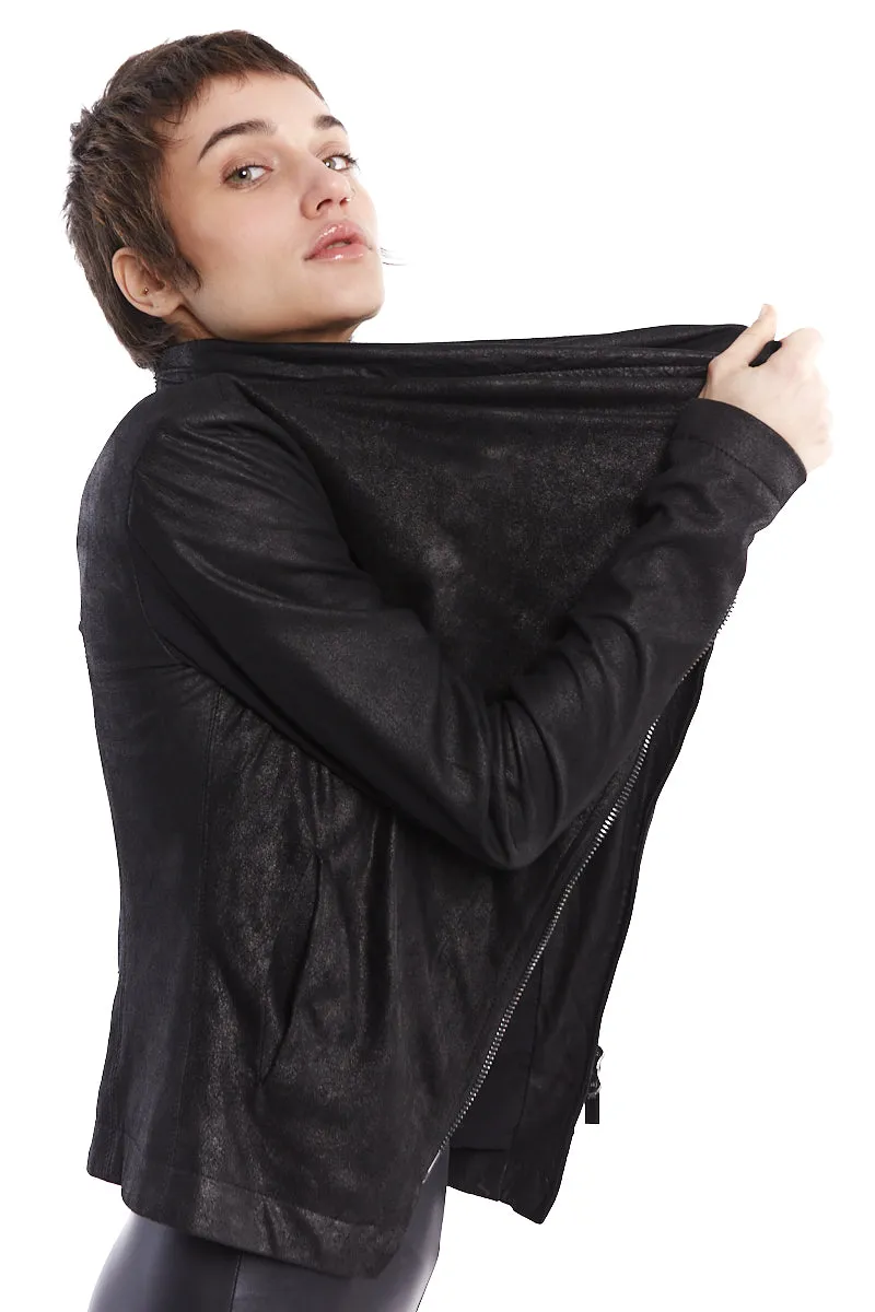 HIGH NECK CRACKED LEATHER JACKET