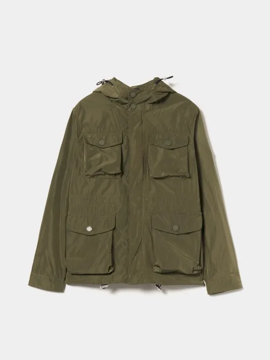 Hooded technical coat.