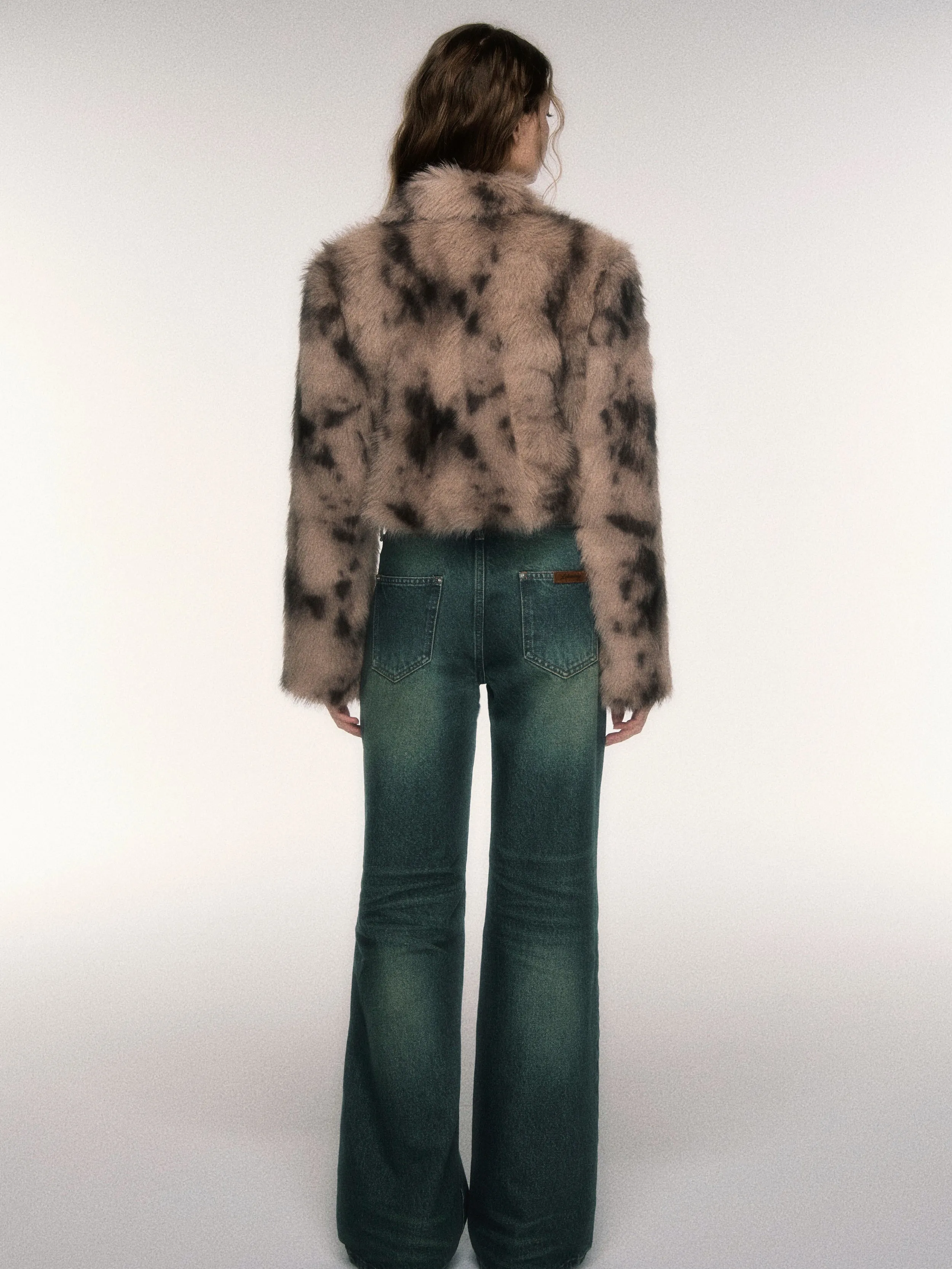 Horn Button Short Leopard Print Imitation Fur Jacket