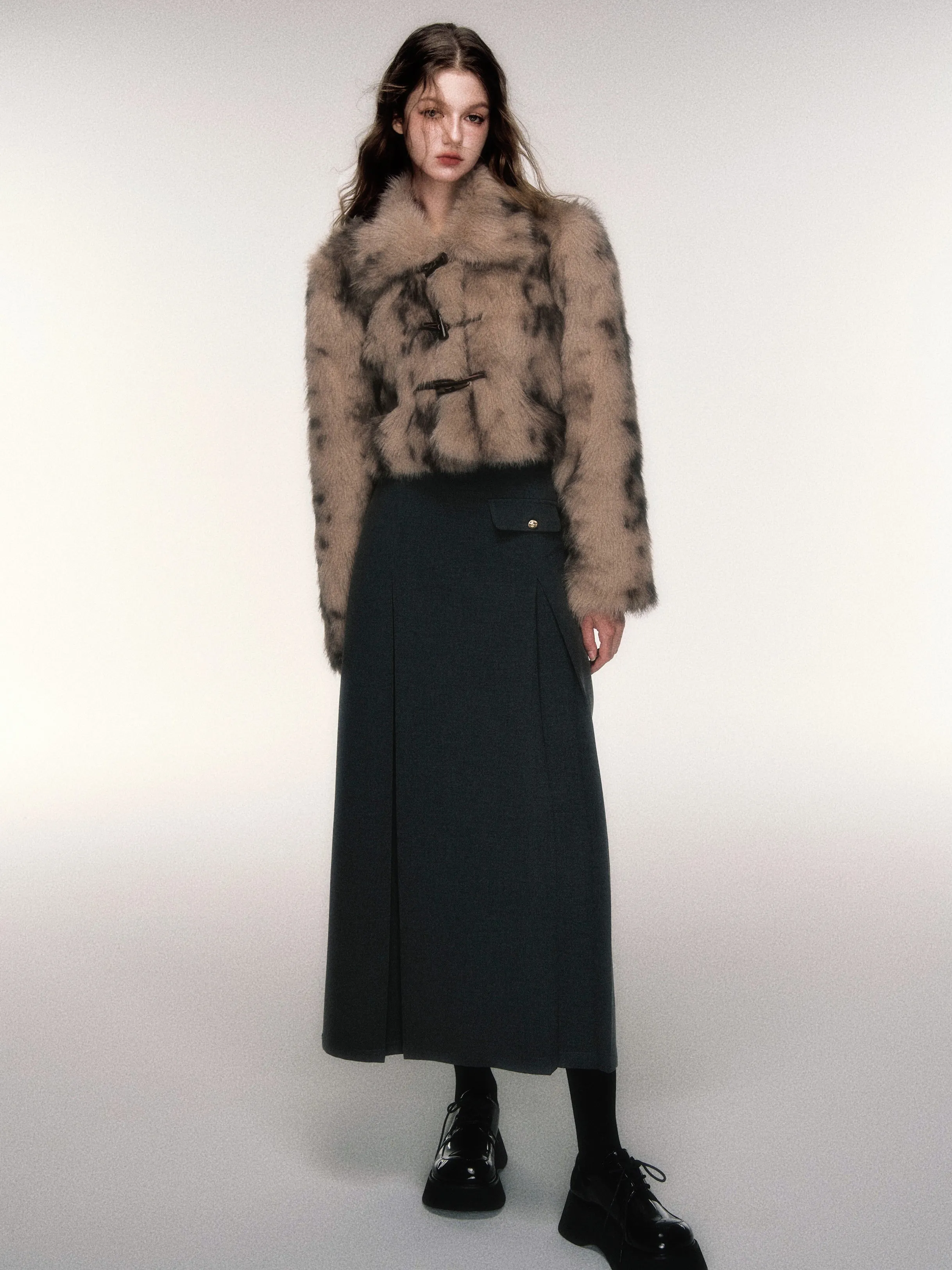 Horn Button Short Leopard Print Imitation Fur Jacket