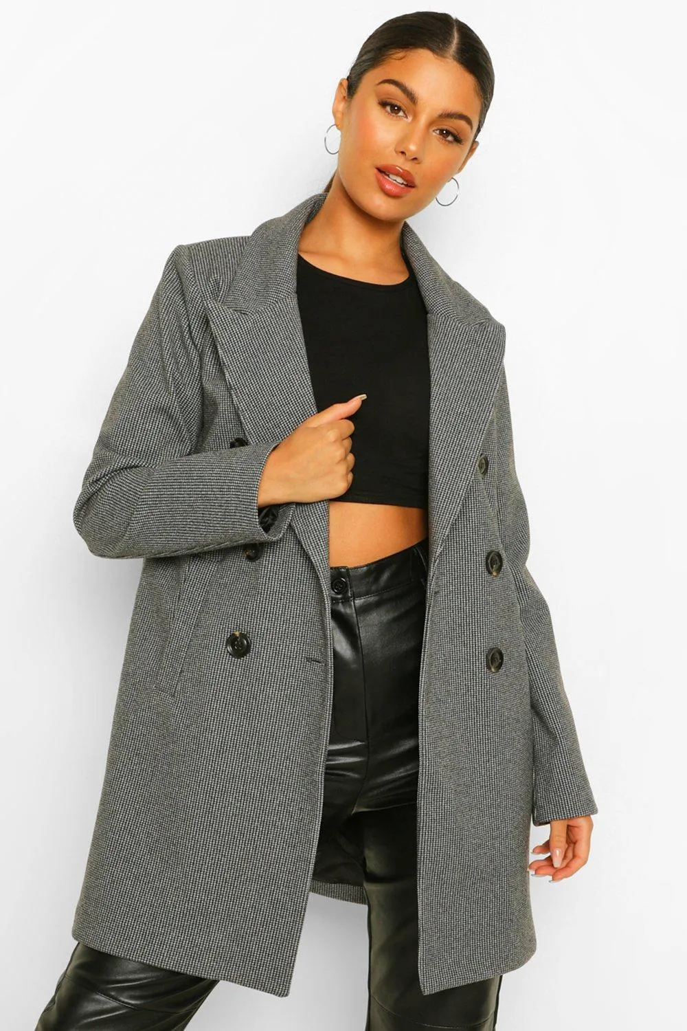 Houndstooth Double Breasted Wool Look Coat