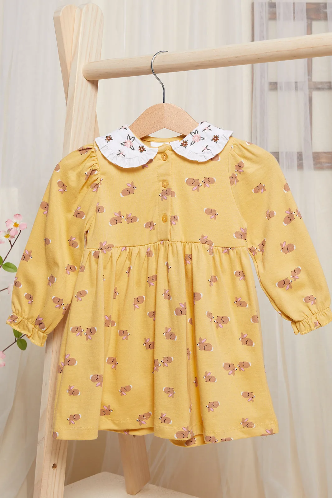 Infant Girls Mustard Bunny Printed Dress With Headband (2 Piece)