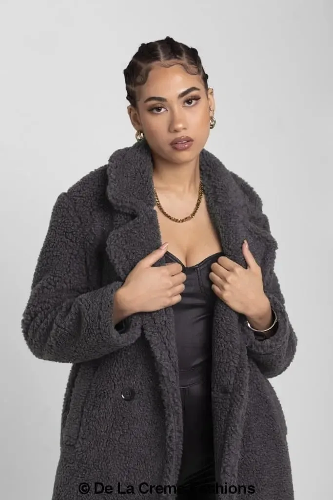 Jackie Double Breasted Borg Teddy Midi Coat