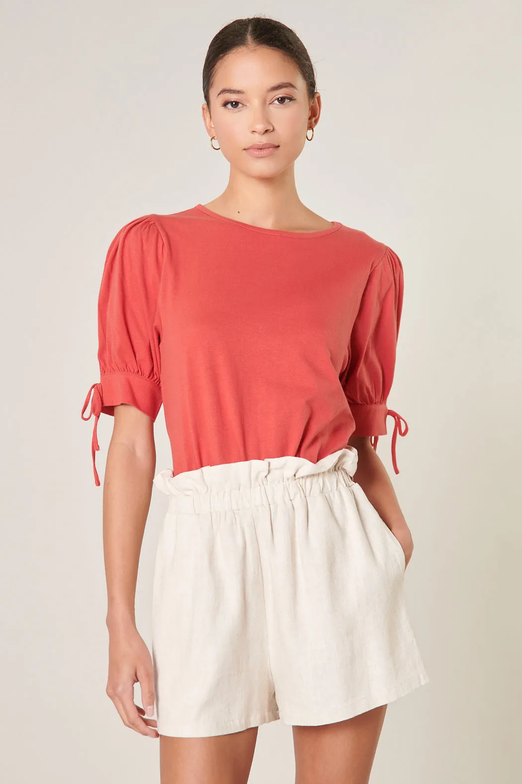 Josie Cotton Knit Tie Puff Sleeve Top