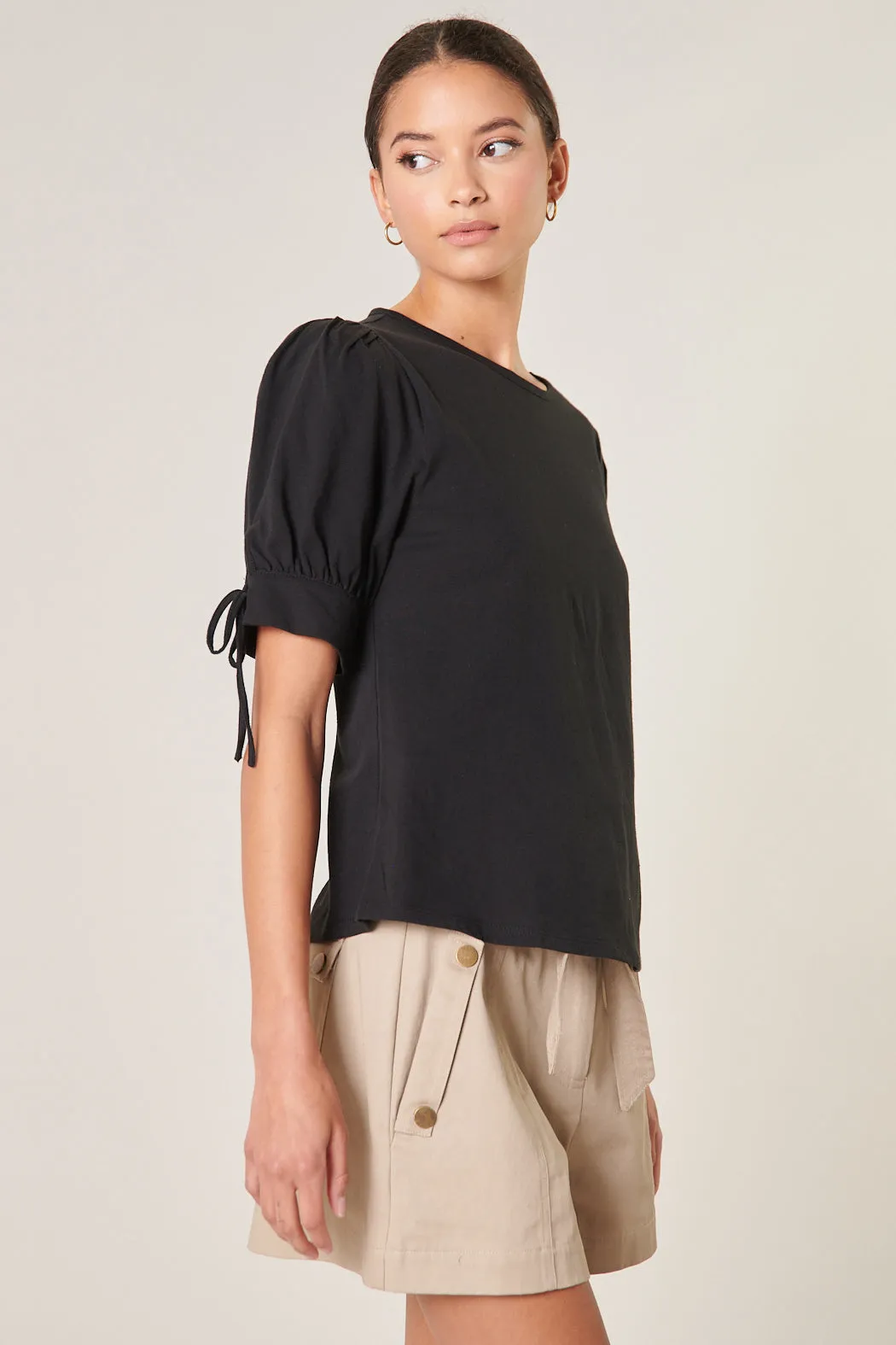 Josie Cotton Knit Tie Puff Sleeve Top