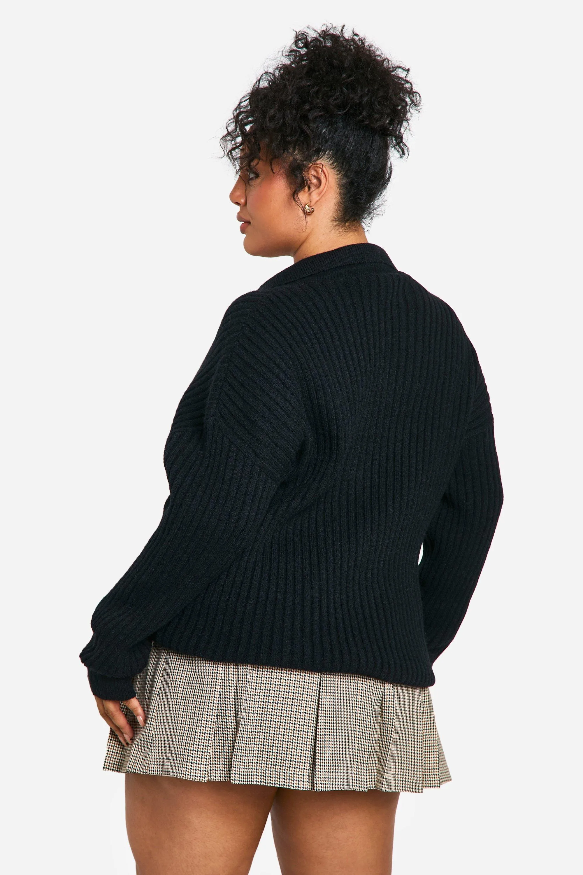 Shop Plus Size Rib Knit Collared Jumpers and Cardigans at Boohoo